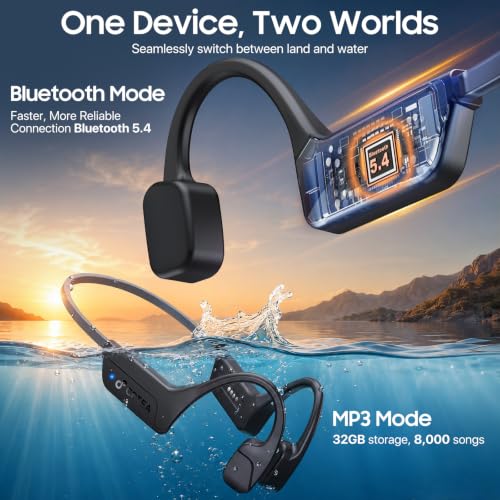 Bone Conduction Headphones, IPX8 Waterproof Swimming Headphones with MP3 Mode 32GB Memory, Bluetooth 5.4, Secure Fit, Open Ear Earbuds Up to 10 Hours Playtime for Fitness and Running