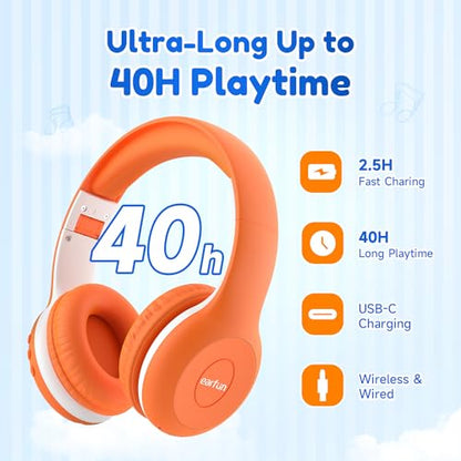 EarFun K2 Kids Bluetooth Headphones for School, Kids Headphones with Mic - color: Orange