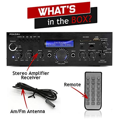 Pyle Wireless Bluetooth Home Power Amplifier - 200 Watt Audio Stereo Receiver w/USB Port, AUX in, FM Radio, 2 Karaoke Microphone Input, Remote - Home Entertainment System - Pyle PDA5BU.5