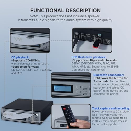 Portable Bluetooth CD Player for Home CD Ripper Hi-Fi Audio CD Player Desktop CD Players Optical and AUX Output，Lossless Sound Quality - color: black silver
