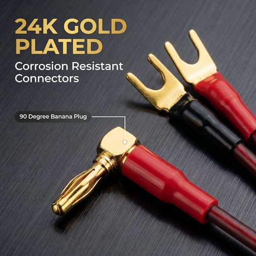 13 AWG OFC Braided Speaker Cable 6ft 2-Pack, 90 Degree Angled Gold Plated Banana Plug to Spade, for Audiophile Bookshelf Floor-Standing Speaker, Amplifier AV Receiver Home Theater Stereo System