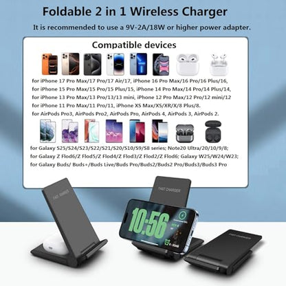 Wireless Charger 2 in 1, 20W Fast Wireless Charging Stand Station Foldable for iPhone 17 16 15 14 13 12 Pro Max/XS,Air Pods, for Samsung Galaxy S25/S24/S23/S22/S21/S20,Note20/10,Galaxy Buds