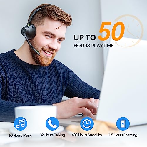 AUSDOM Trucker Bluetooth Headset with Microphone: A2301 Wireless 5.2 On-Ear Headset with AI Noise Cancelling Mic & Mute Button, 50H Playtime for Work from Home Office Call Center Cellphones Laptop