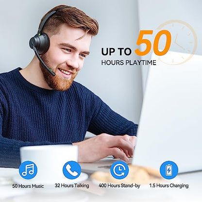 AUSDOM Trucker Bluetooth Headset with Microphone: A2301 Wireless 5.2 On-Ear Headset with AI Noise Cancelling Mic & Mute Button, 50H Playtime for Work from Home Office Call Center Cellphones Laptop