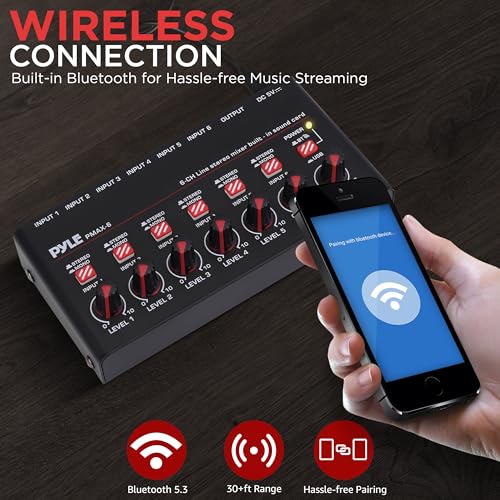 Pyle 6-Channel Bluetooth Mini Line Mixer with USB Audio Interface - 6 Mono/Stereo Switching Inputs | Ultra-low Noise Design with High Headroom | Built-in USB-C Sound Card - PMAX6 - size: 6 Channel