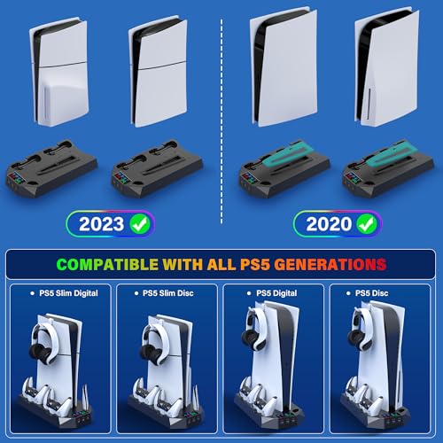 PS5/Slim/Pro Cooling Station with Controller Charging Station for PlayStation 5 Slim/Pro Console, PS5 Cooling Stand Cooler Accessories Incl Cooling Fan, 3 USB Hubs, Headset Holder, Screw - Black - color: Black