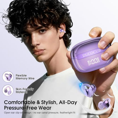 Open Ear Earbuds Wireless Clip on Headphones Bluetooth 5.4 Ear Buds with DNN Noise Cancelling, 48H Playtime, Low Latency, Fashion Design, Secure Fit, Clear Sound for Music & Calls (Purple) - color: Purple