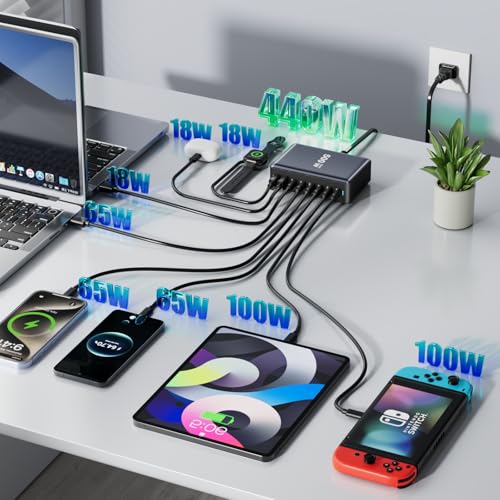 440W Fast Charging 8 Port USB C Charger Block, Multi-Device USB Charging Station Wall Desktop Charger with GaN Ⅲ Technology, USB-C Charger Adapter for MacBook/iPad/iPhone 16/Samsung Galaxy/DELL/HP - size: 440W