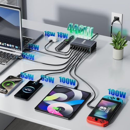 440W Fast Charging 8 Port USB C Charger Block, Multi-Device USB Charging Station Wall Desktop Charger with GaN Ⅲ Technology, USB-C Charger Adapter for MacBook/iPad/iPhone 16/Samsung Galaxy/DELL/HP - size: 440 W