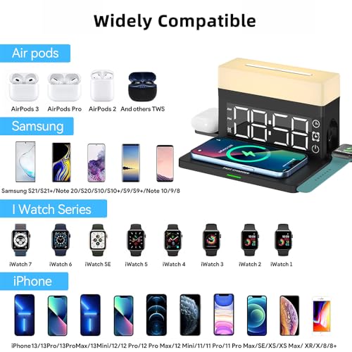 IHAO 6in1 Smart Alarm Clock with Wireless Charger RGB Mood Light 15W Fast Wireless Charging for All Qi Phone TWS Headphone Compliant with i-Watch 7 Color Night Light Large Digital Display-Black - color: Multifunctional Alarm Clock Black
