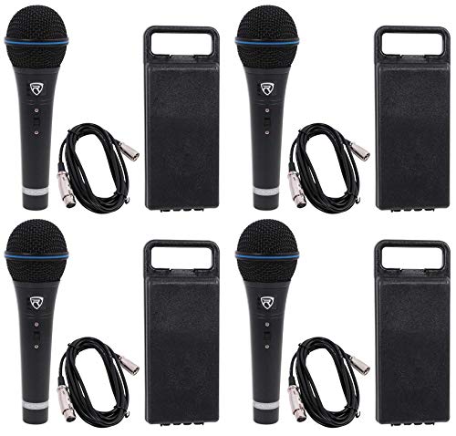 Rockville RMM-XLR Black Dynamic Metal Microphone 4-Pack with 10' XLR Cables | Super Cardioid, 50Hz-15kHz, 600-Ohm, Metal Bodies, On/Off Switches, 4 10' XLR Cables, 4 Carry Cases, 4 Mic Clips, 4-Items