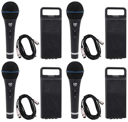 Rockville RMM-XLR Black Dynamic Metal Microphone 4-Pack with 10' XLR Cables | Super Cardioid, 50Hz-15kHz, 600-Ohm, Metal Bodies, On/Off Switches, 4 10' XLR Cables, 4 Carry Cases, 4 Mic Clips, 4-Items