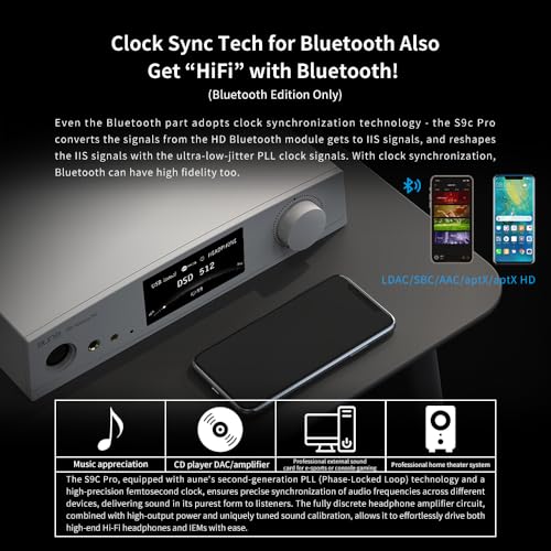 aune S9c Pro DAC with Headphone Amp,10MHz Clock Input, 32bit/768kHz/DSD512/MQA,Dual-DAC Chip, 6.35/XLR/4.4 Jack, PLL/Clock Sync Tech/Twin JFET, Bluetooth AAC/LDAC/aptX HD (Black Bluetooth) - color: Black Bluetooth