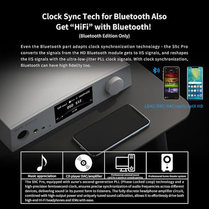 aune S9c Pro DAC with Headphone Amp,10MHz Clock Input, 32bit/768kHz/DSD512/MQA,Dual-DAC Chip, 6.35/XLR/4.4 Jack, PLL/Clock Sync Tech/Twin JFET, Bluetooth AAC/LDAC/aptX HD (Silver Bluetooth) - color: Silver Bluetooth