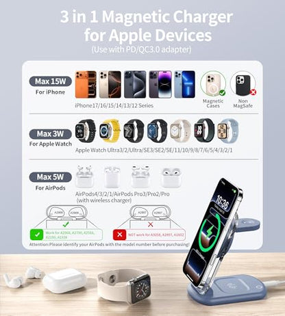 3 in 1 Magnetic Wireless Charging Station for Apple Devices | Fast Travel Charger Stand with Night Light for MagSafe-enabled iPhone 17 16 15 14 13 12 Series, Apple Watch/AirPods Pro, BU - color: Blue