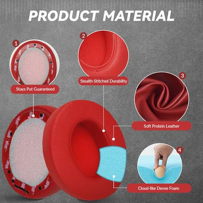 Aurivor Studio 3 Replacement Ear Pads for Beats Studio 3/2 Headphones, Cushions Earpads with Premium Protein Leather, Softer Memory Foam, Stronger Adhesive (Red) - color: Red