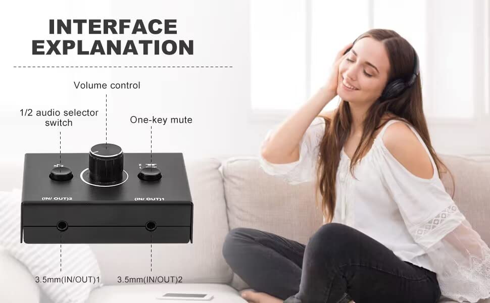 3.5mm Audio Switcher, 2 Input 1 Output / 1 Input 2 Output Audio Splitter Switcher, Audio Switcher Box, One-Key Mute Button, No External Power Required