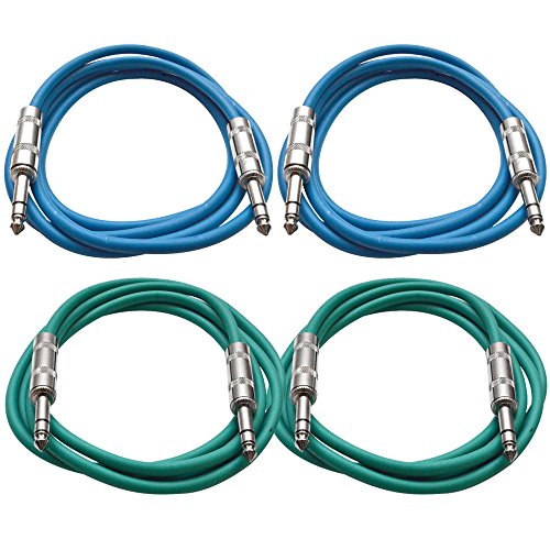 Seismic Audio - SATRX-2-4 Pack of 2' 1/4" TRS to 1/4" TRS Patch Cables - Balanced - 2 Foot Patch Cord - Blue and Green - color: Blue and Green