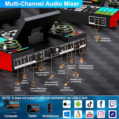 Podcast Microphone Bundle with Live Sound Board Audio Mixer, Podcast Equipment Bundle with 3.5mm Condenser Microphone(P15) for Pc/Phone Live Streaming Singing Gaming, Voice Changer, Denoise