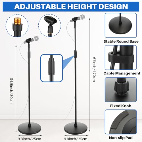 Relaxweex 4 Pcs Tripod Microphone Stand Kit for Bands & Studios Boom Arm Floor Mic Stand Adjustable Height 31.5-67 inch with Weighted Round Base, 4 Carrying Bag and 8 Mic Clips for Karaoke Church