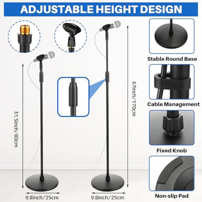 Relaxweex 4 Pcs Tripod Microphone Stand Kit for Bands & Studios Boom Arm Floor Mic Stand Adjustable Height 31.5-67 inch with Weighted Round Base, 4 Carrying Bag and 8 Mic Clips for Karaoke Church