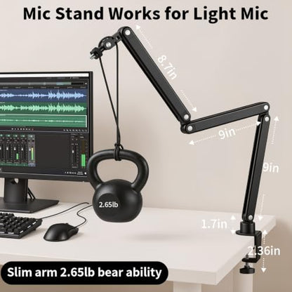 Mic Stand for Lightweight Mics,Microphone Boom Arm with Cable Management & 3/8" 5/8" Threads,Foldable for Streaming,Podcasting,Gaming