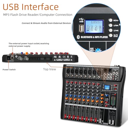 Depusheng Audio Mixer Professional 8 channel,DX8 Sound Board DJ Mixing Console System Interface USB MP3 Input Bluetooth 48V Phantom Power,Black, USB Audio Mixer for PC,for Studio Karaoke Live Music