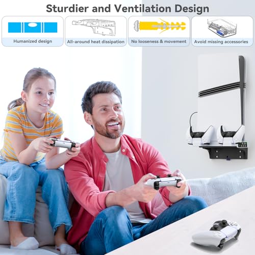 PS5 Wall Mount Kit with Cooling Fan & Controller Charging Station, PS5 Floating Shelf for PS5/Slim/Pro Disc & Digital Console, Mountable Behind PC Monitor for PS5 Accessories, Sega Genesis Consoles