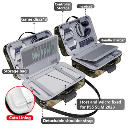 Carrying Case Compatible with PS5 SLIM 2023, Hard Shell Travel Case Protective Bag for Play Station 5 Slim Disc and Digital Edition Console, Controllers, Vertical Base, Disc and Cable Accessories