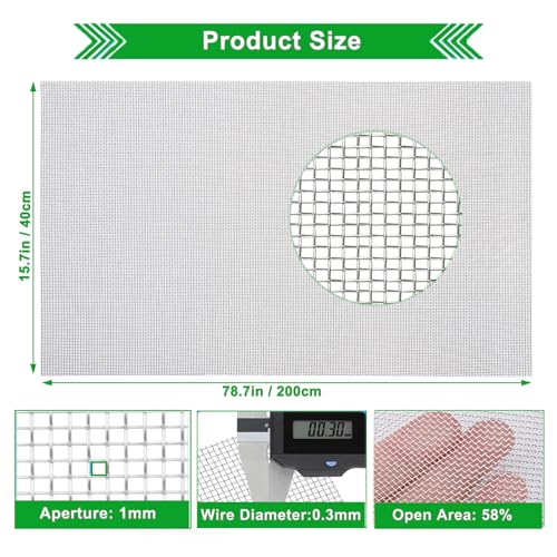 Stainless Steel Wire Mesh Screen 15.7"x78.7", 1mm Hole 20Mesh Never Rust | Sturdy and Heat Resisting Metal Mesh Sheet, 0.3mm Fine Wire Easy to Cut for Vent, Window Screen, Rodents, Cage, DIY