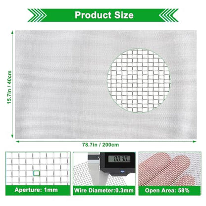 Stainless Steel Wire Mesh Screen 15.7"x78.7", 1mm Hole 20Mesh Never Rust | Sturdy and Heat Resisting Metal Mesh Sheet, 0.3mm Fine Wire Easy to Cut for Vent, Window Screen, Rodents, Cage, DIY