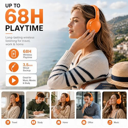 MIDOLA Bluetooth Headphones Wireless 68H with Mic,Decent Sound-Acceptable | Adjustable Headband Foldable Over-Ear Lightweight for Office/Travel/Tablet/iPad/Laptop,HD Stereo Sound,Aux 3.5mm Orange - color: Orange