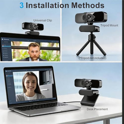 4K Webcam with USB C Adapter and Privacy Cover – Built-in Microphone, Plug & Play for PC/Mac/Laptop/Desktop