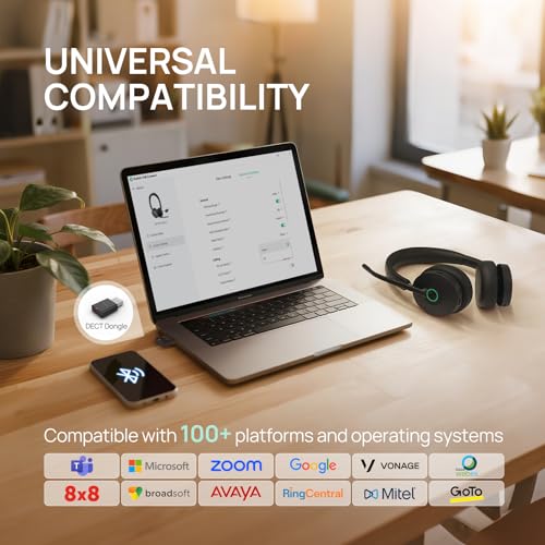 Yealink WH68 Hybrid Wireless Headset with Noise Cancelling Mic for Office | ANC Headphones,DECT and Bluetooth Dual-Connect,Teams Certified,6 Mics,492ft Range,32H Call Time,PC/Laptop/Desktop/Work/Zoom