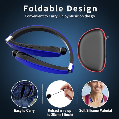 AMORNO Foldable Bluetooth Headphones Wireless Neckband Headset with Retractable Earbuds, Sports Sweatproof Noise Cancelling Stereo Earphones with Mic (Blue) - color: Blue
