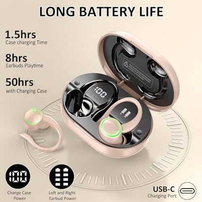 Matast Wireless Earbuds, Bluetooth 5.4 Headphones Sports, 50H Playback Over-Ear Buds with ENC Noise Cancelling Mic, HiFi Stereo Fitness Earphones with Earhooks, IP7 Waterproof Headset - color: light pink