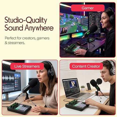 Pyle Pro Live Broadcast Sound Card | Rechargeable Mixer Kit w/ Condenser Mic | 8 Voice FX - 12 Presets | DSP Noise Reduction | Dual Mic Inputs | Solo Mode | Streaming, Podcasting, Gaming - PKSCRD308