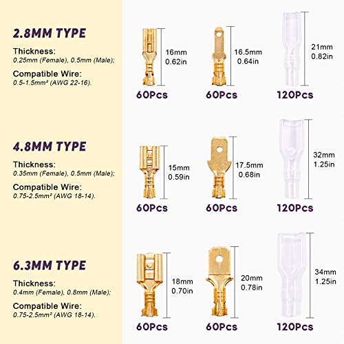 Swpeet 720Pcs Gold 2.8/4.8/6.3mm Male and Female Spade Quick Connectors Wire Crimp Terminal Block with Insulating Sleeve Assortment Kit Perfect for Electrical Wiring Car Audio Speaker