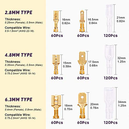 Swpeet 720Pcs Gold 2.8/4.8/6.3mm Male and Female Spade Quick Connectors Wire Crimp Terminal Block with Insulating Sleeve Assortment Kit Perfect for Electrical Wiring Car Audio Speaker