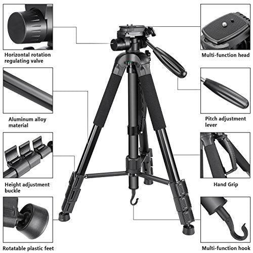 NEEWER Portable Aluminum Alloy Camera 2 in 1 Tripod Monopod Max. 70"/177cm with 3 Way Swivel Pan Head and Carrying Bag for DSLR, DV Video Camcorder (SAB264, Black) - style: SAB264/Black