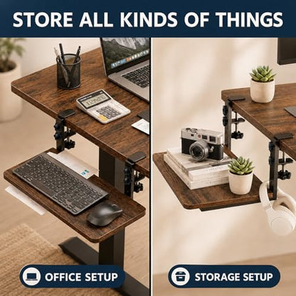 Clamp-On Desk Extender, 15 x 9.5 Inch Monitor Riser | Height options, No-drill setup, 3-in-1 use, 44 lb load, Office station, Gaming area, Brown finish - color: Brown