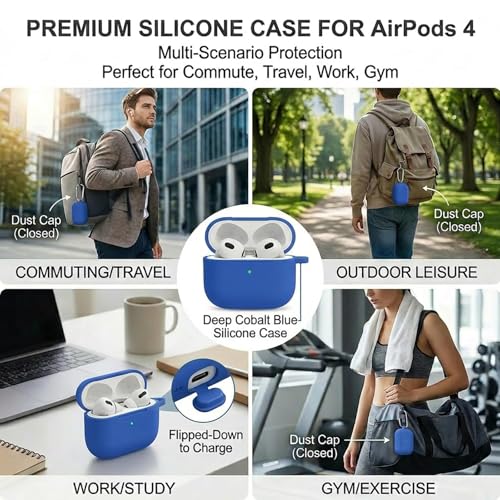 for Airpods 4th Case Cover, Come with Cleaner Kit,Soft Skin Silicone Case Cover with Keychain, Full Protective Case for Men and Women, Compatible with AirPods 4th Generation Case,Blue - color: Blue+pen