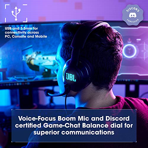 JBL Quantum 400 - Wired over-ear gaming headset with game-chat balance dial, JBL QuantumSURROUND and DTS, Voice focus directional flip-up mic and memory foam ear cushions (Black) - size: One Size