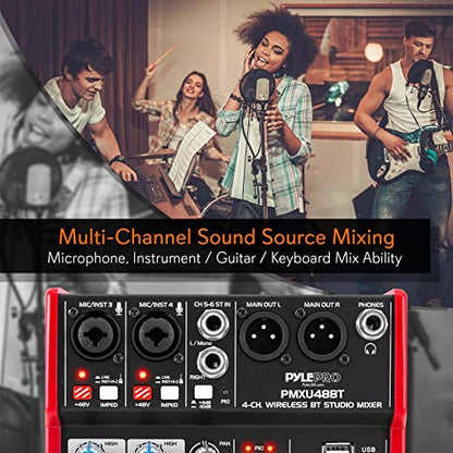 Pyle Studio Audio Sound Mixer Board - 4 Channel Bluetooth Compatible Professional Portable Digital DJ Mixing Console W/USB Mixer Audio Interface - Mixing Boards for Studio Recording