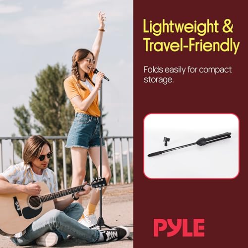 Pyle Tripod Microphone Stand, Height Adjustable from 39.37" to 66.14'', Mic Stand for Floor, Sturdy and Durable Build, Non-Slip Rubber Feet, With 5/8" Screw Adapter, Cable Clip, Compact Folding Design - size: 39.37" - 66.14''