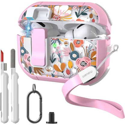 WENEW Case for AirPods Pro & Pro 2 Case Cover Secure Lock Automatic Snap Switch Clip Cleaner Kit Lanyard Women Stylish Flower Full Body Hard Shell Front LED Visible (Pink Flower, AirPods Pro & Pro 2) - color: Pink Flower, size: AirPods Pro & Pro 2