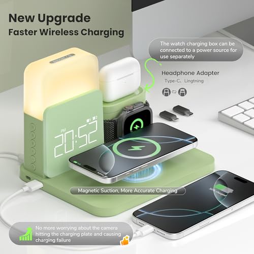 Wireless Charging Station, 7 in 1 Wireless Charger Stand with Dual Alarm Clock, Charging Dock for iPhone16/15/14/13/12/11/Pro/Max/Samsung Phone, Apple Watch 9/8/7/6/5/SE, AirPods/3/2