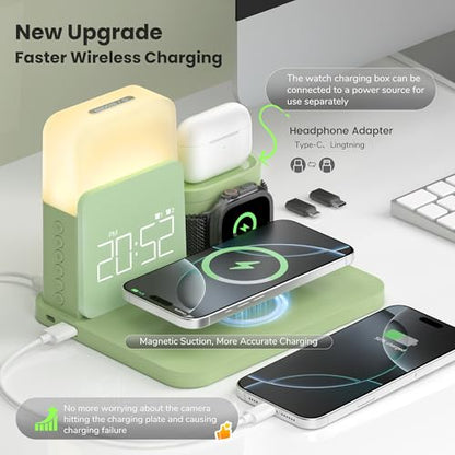 Wireless Charging Station, 7 in 1 Wireless Charger Stand with Dual Alarm Clock, Charging Dock for iPhone16/15/14/13/12/11/Pro/Max/Samsung Phone, Apple Watch 9/8/7/6/5/SE, AirPods/3/2
