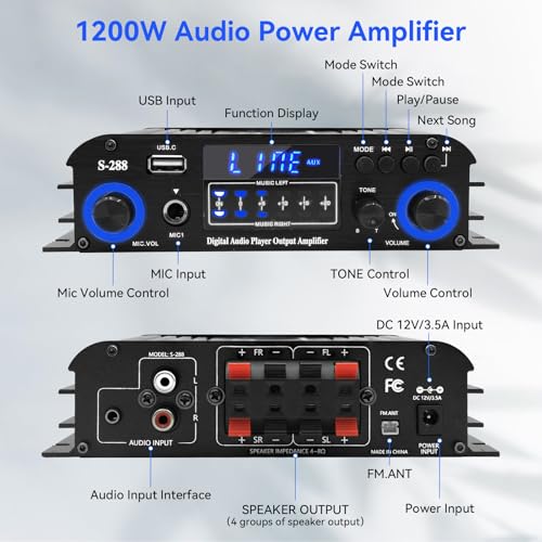4 Channel Stereo Receivers Audio Home Amplifier Bluetooth 5.0, RMS 50Wx4 Max 1200W HiFi Power Amplifier, USB/SD/FM, Class D Home Audio Receiver for Home Theate - color: Black