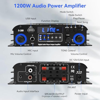 4 Channel Stereo Receivers Audio Home Amplifier Bluetooth 5.0, RMS 50Wx4 Max 1200W HiFi Power Amplifier, USB/SD/FM, Class D Home Audio Receiver for Home Theate - color: Black